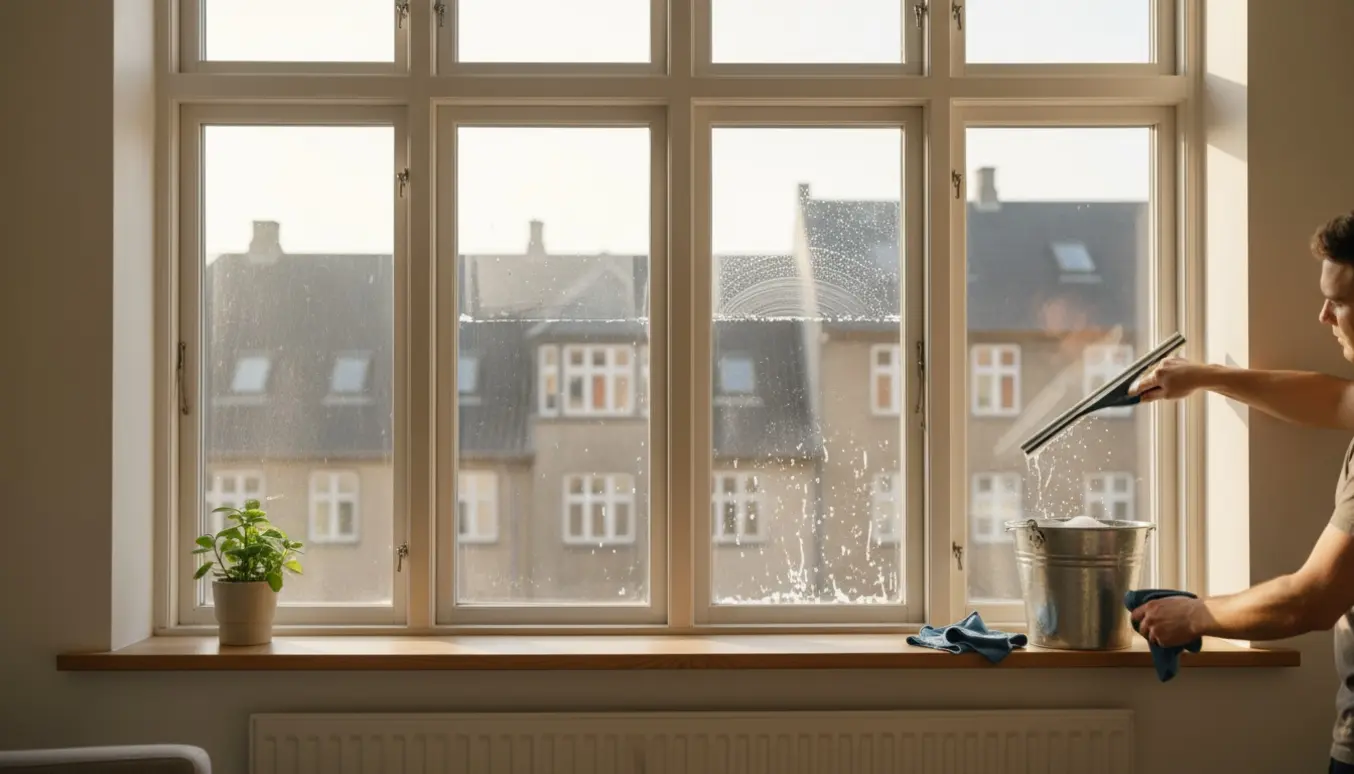 Hænder pudser ét af fire vinduespartier i en lys københavner-lejlighed med squeegee og spand.