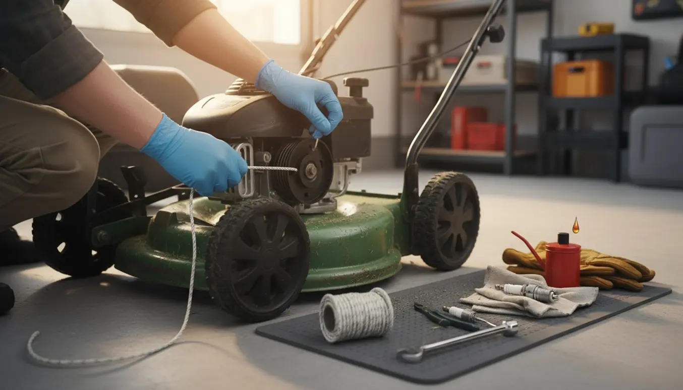 Nærbillede af hænder, der udskifter træksnor og servicerer en plæneklipper i et lyst værksted.