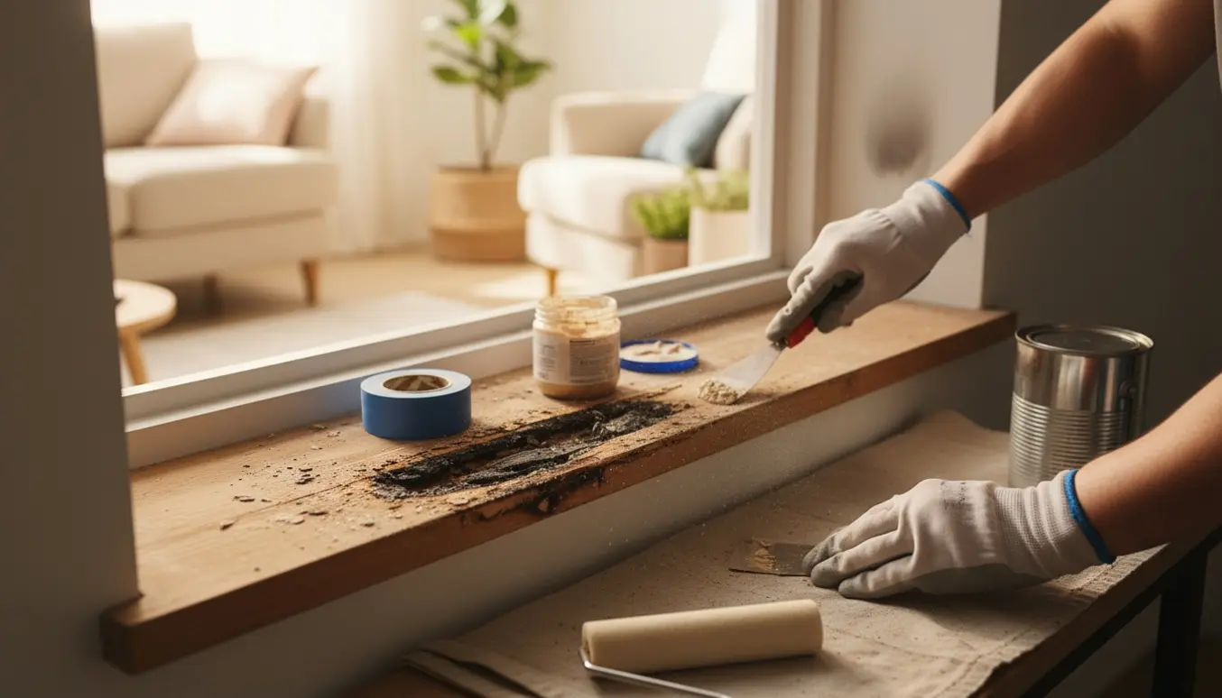 Nærbillede af hænder, der reparerer en sodsværtet vindueskarm med spartel og slibepapir i dagslys.