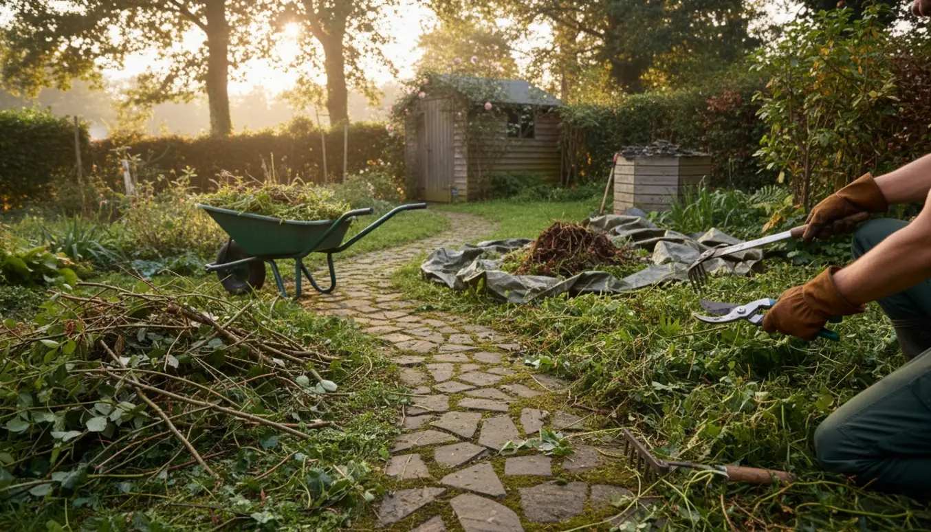 En overgroet baghave, hvor handsker og haveredskaber rydder ukrudt og lægger grene i en trillebør.