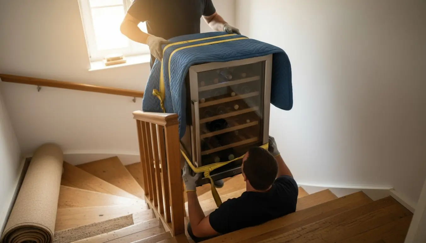 To personer bærer et vinkøleskab ned ad en stejl, snoet trappe, pakket ind i flyttetæpper og fastgjort med remme.