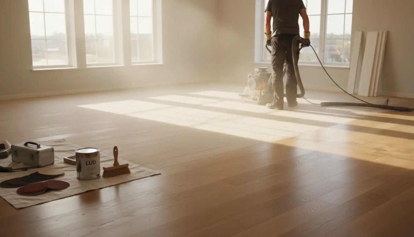 Delvist slebet trægulv i en lys stue med afmonterede fodpaneler og åben bøtte med lud klar til efterbehandling.