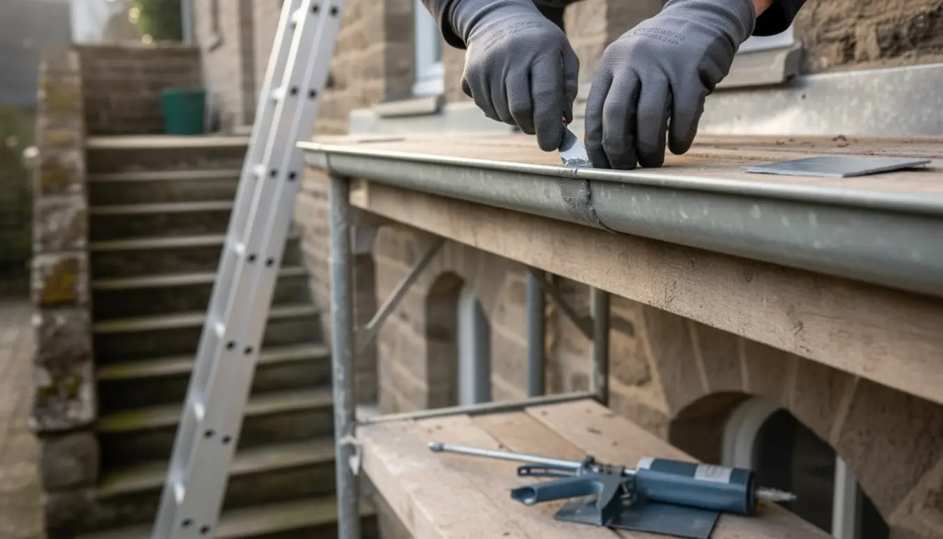 Nærbillede af handsker, der tætner et lille hul i en zinktagrende højt over en hovedtrappe.