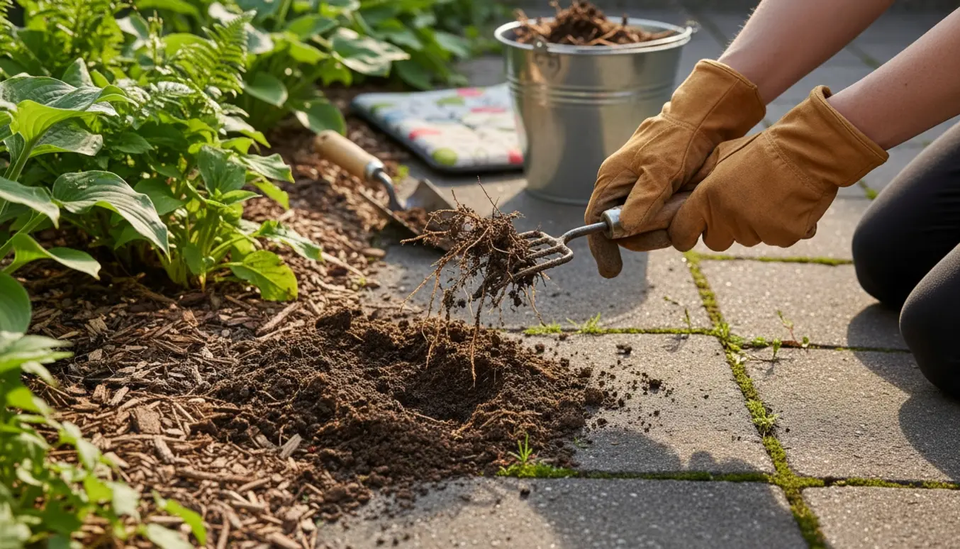 Nærbillede af hænder, der luger ukrudt mellem fliser og i blomsterbed i en solrig have.