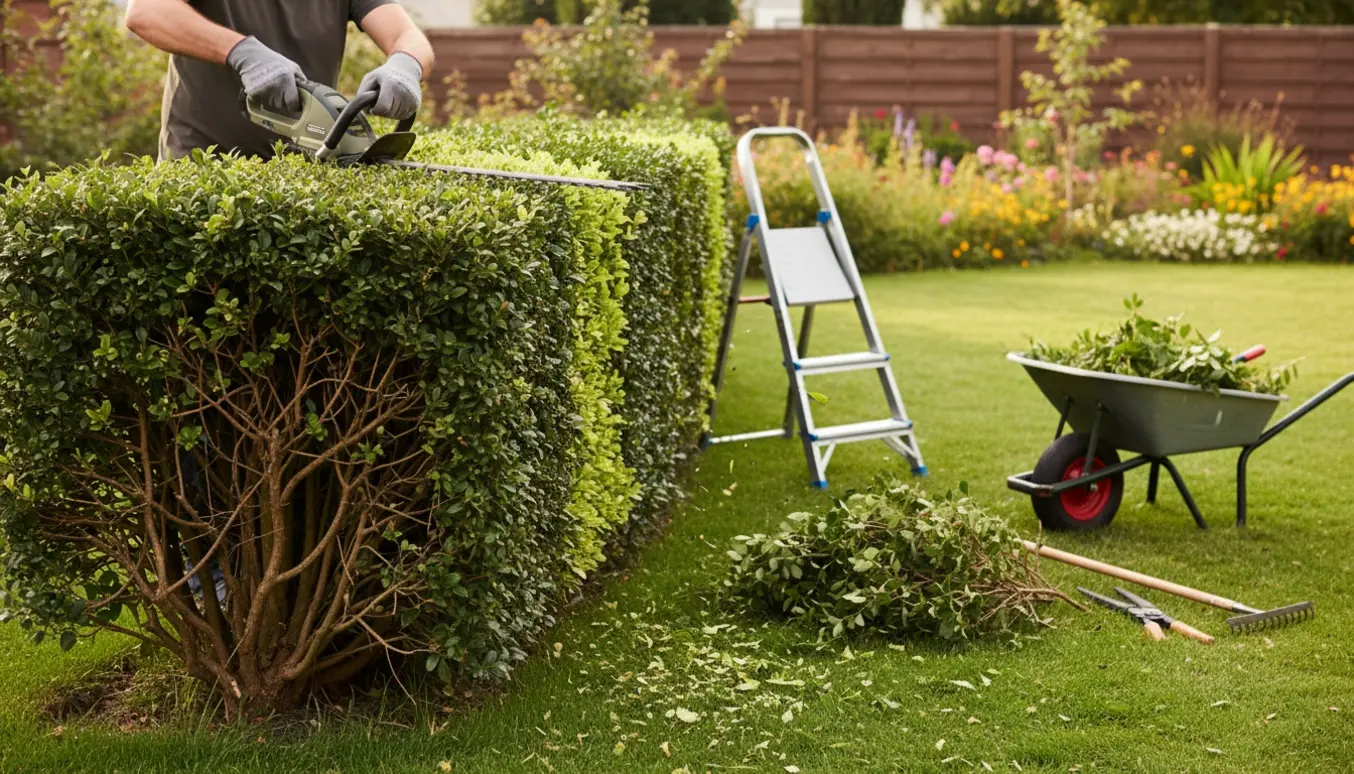 Nærbillede af hækkeklip med handsker, elektrisk hækkeklipper og en nyligt klippet 7-årig hæk i en solrig have.