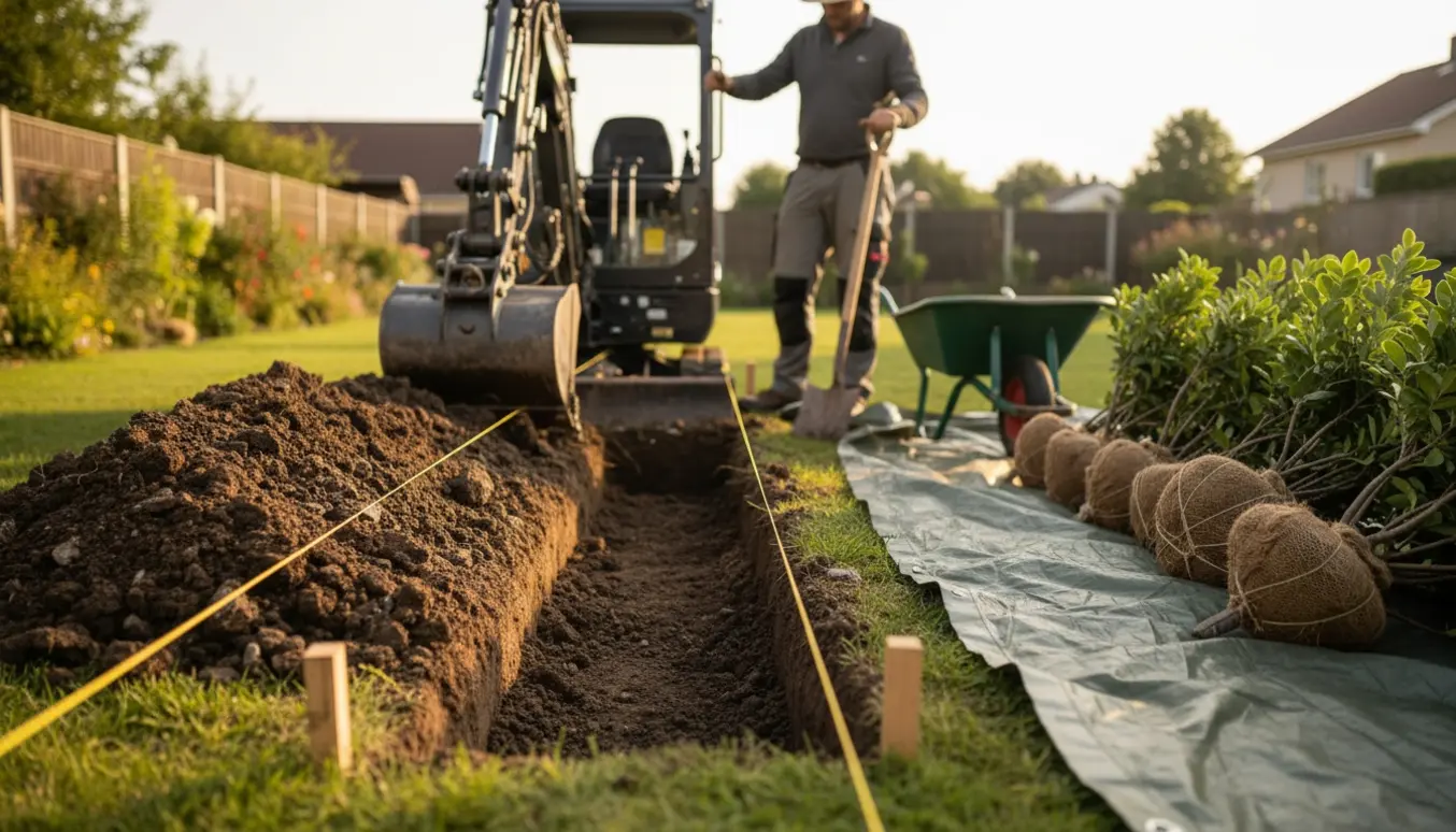 Minigraver graver en 40x40 cm rende langs en have klar til plantning af hæk.