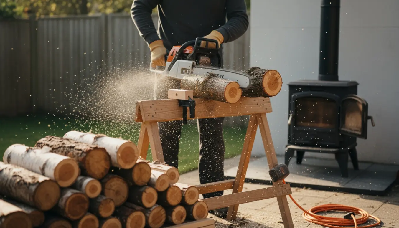 Korte brændestykker skæres af stammer ved en savbukk, klar ved en lille brændeovn.