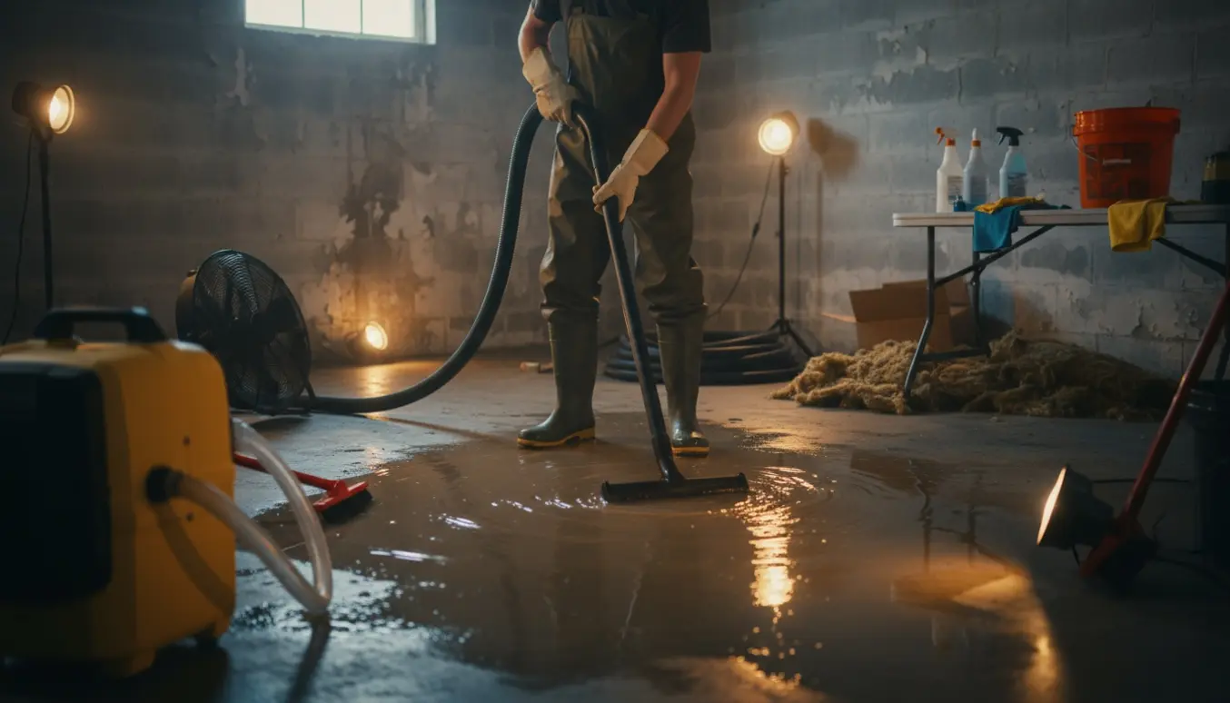 Rengøringsudstyr i en kælder efter oversvømmelse med vådsuger, affugter og gummistøvler.