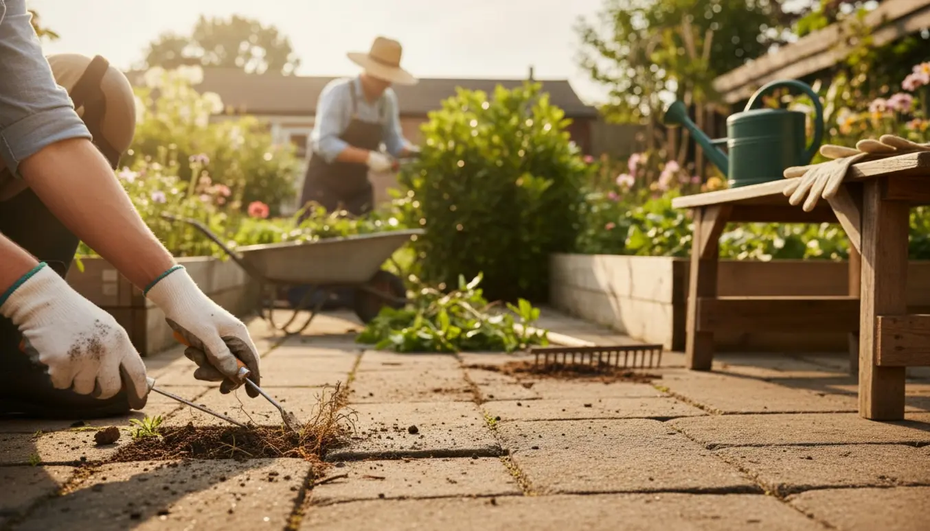Hænder fjerner ukrudt mellem fliser, mens buske klippes og bede ordnes i en solbelyst have.