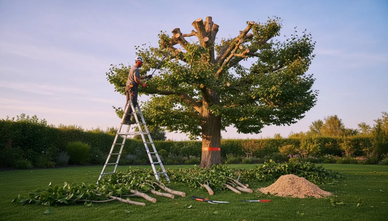 En person beskærer et højt Ginkgo biloba-træ med stige og grensav, med afskårne grene og fanformede blade på jorden.