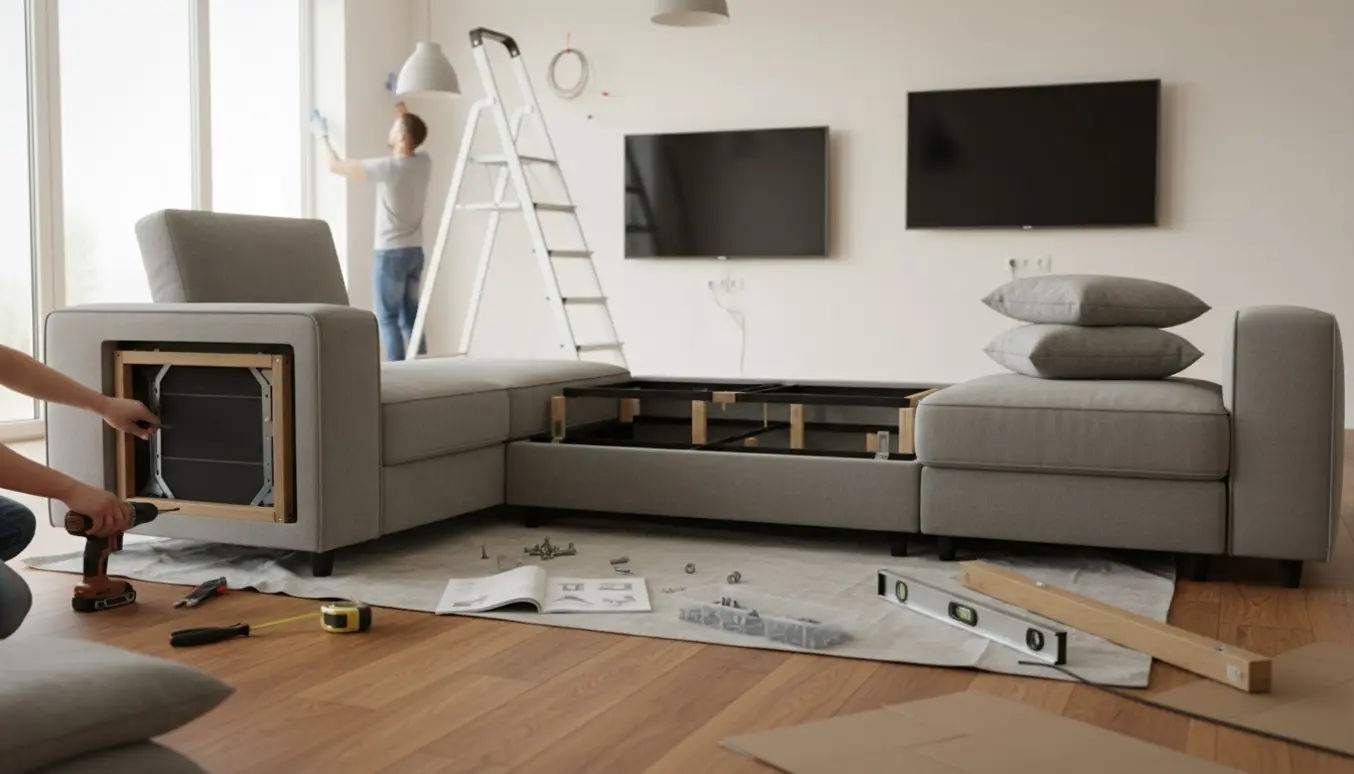 Delvist samlet tre-delt sofa i en moderne stue, mens lamper hænges op og to tv monteres.