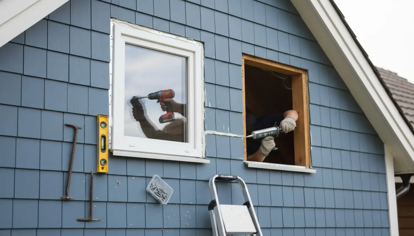 To kvadratiske vinduer monteres i en husgavl, håndværkere skruer og fuger omkring rammerne.