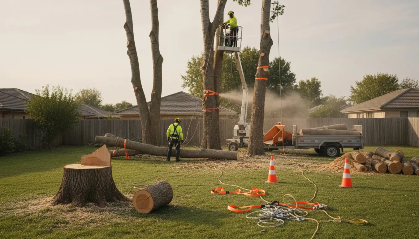 Arborist i lift fælder tre høje popler i en baghave, grene sænkes med tov og flismaskine klar til bortskaffelse.