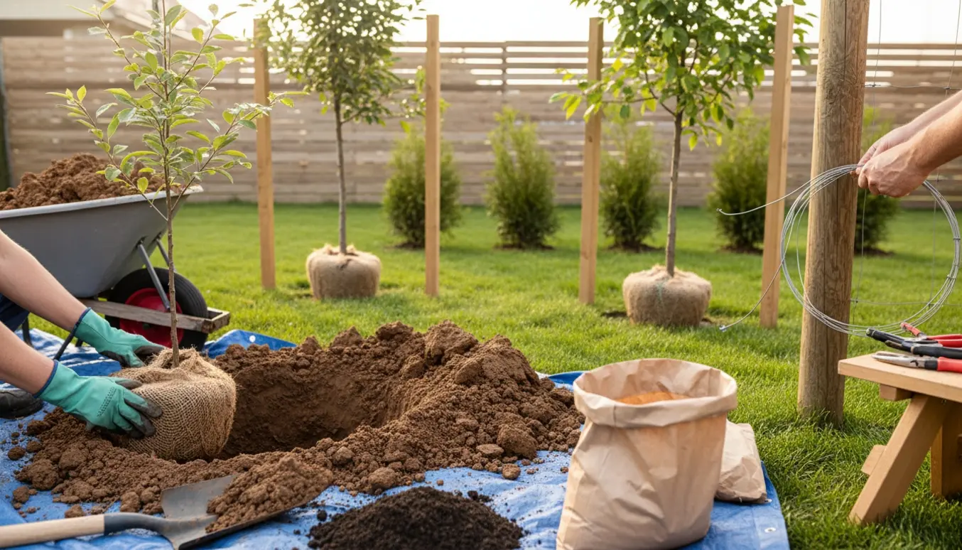 Plantning af tre unge træer og buske i en have med fjernelse af gammel lerjord, ny jord i poser og en ny ledning, der fastgøres til en stolpe.