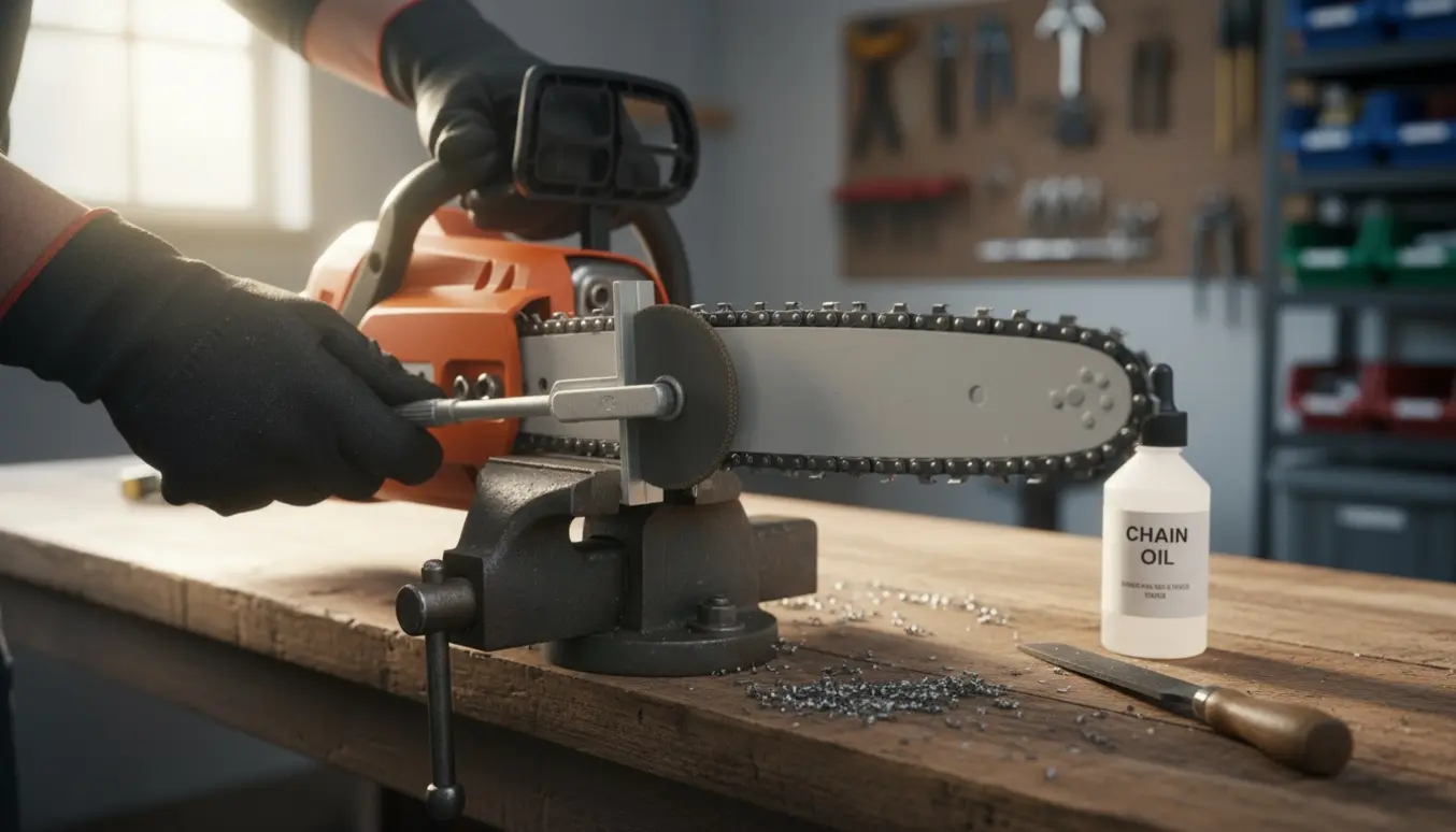 Nærbillede af hænder, der sliber kæden på en nyere elektrisk motorsav på et lyst værksted.