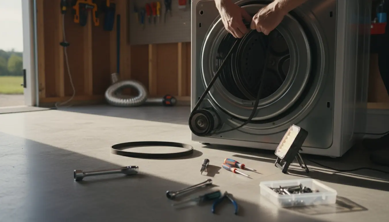 Hænder udskifter drivremmen på en hvid tørretumbler i et lyst udhus med værktøj ved siden af.