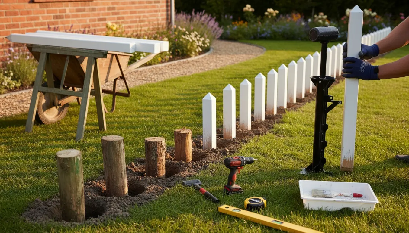 Renovering af lavt Skagen-stakit med gamle stolper fjernet og nymalede stolper klar til opsætning.