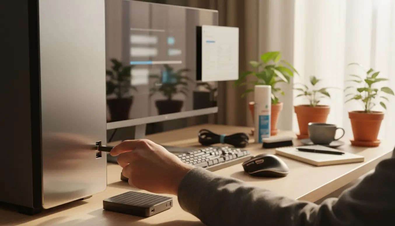Hænder ved en stationær pc med USB-drev og ekstern harddisk klar til installation af antivirus og Office-pakke.