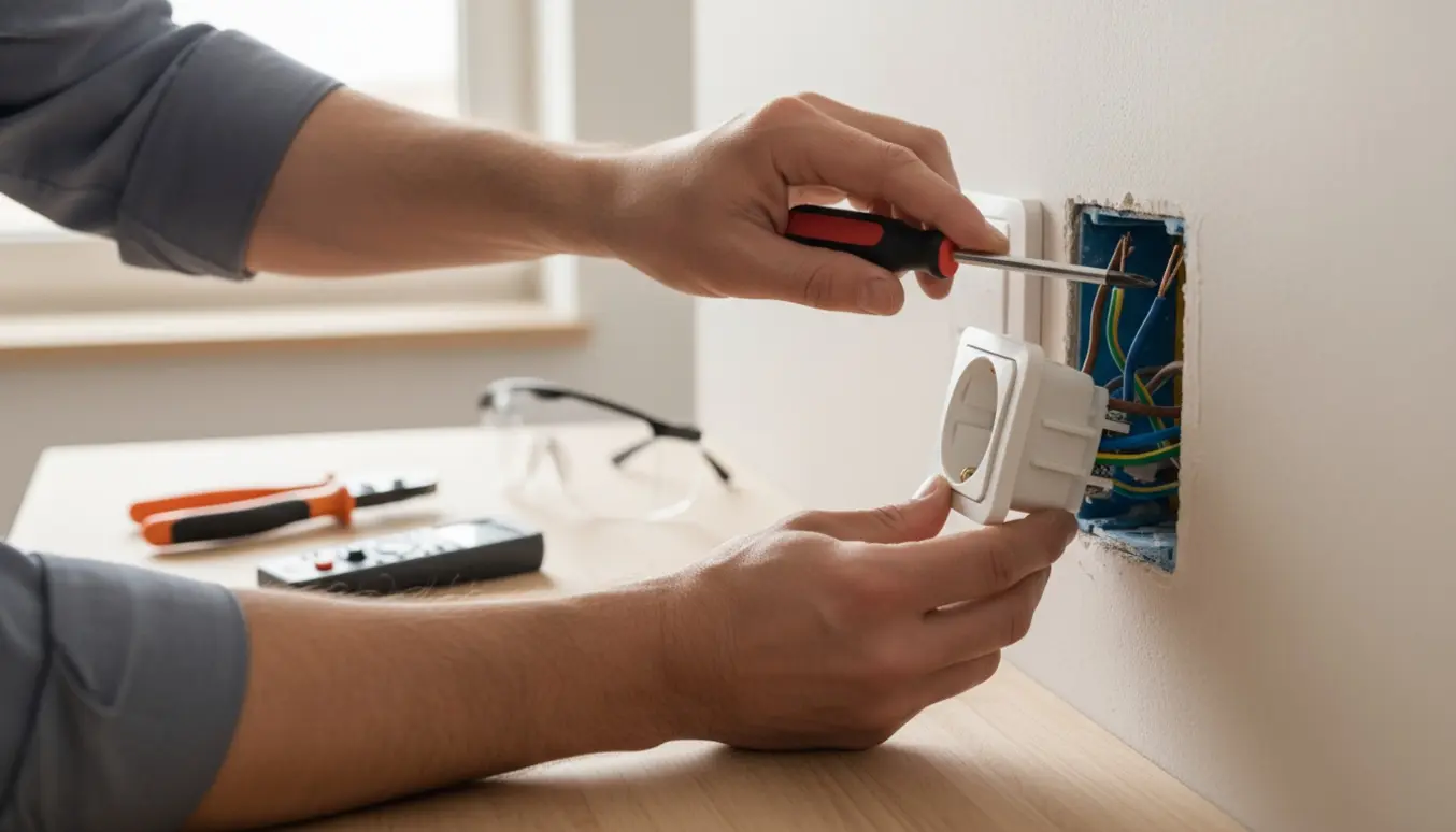 Nærbillede af hænder, der monterer en stikkontakt i en væg med synlige ledninger og værktøj.