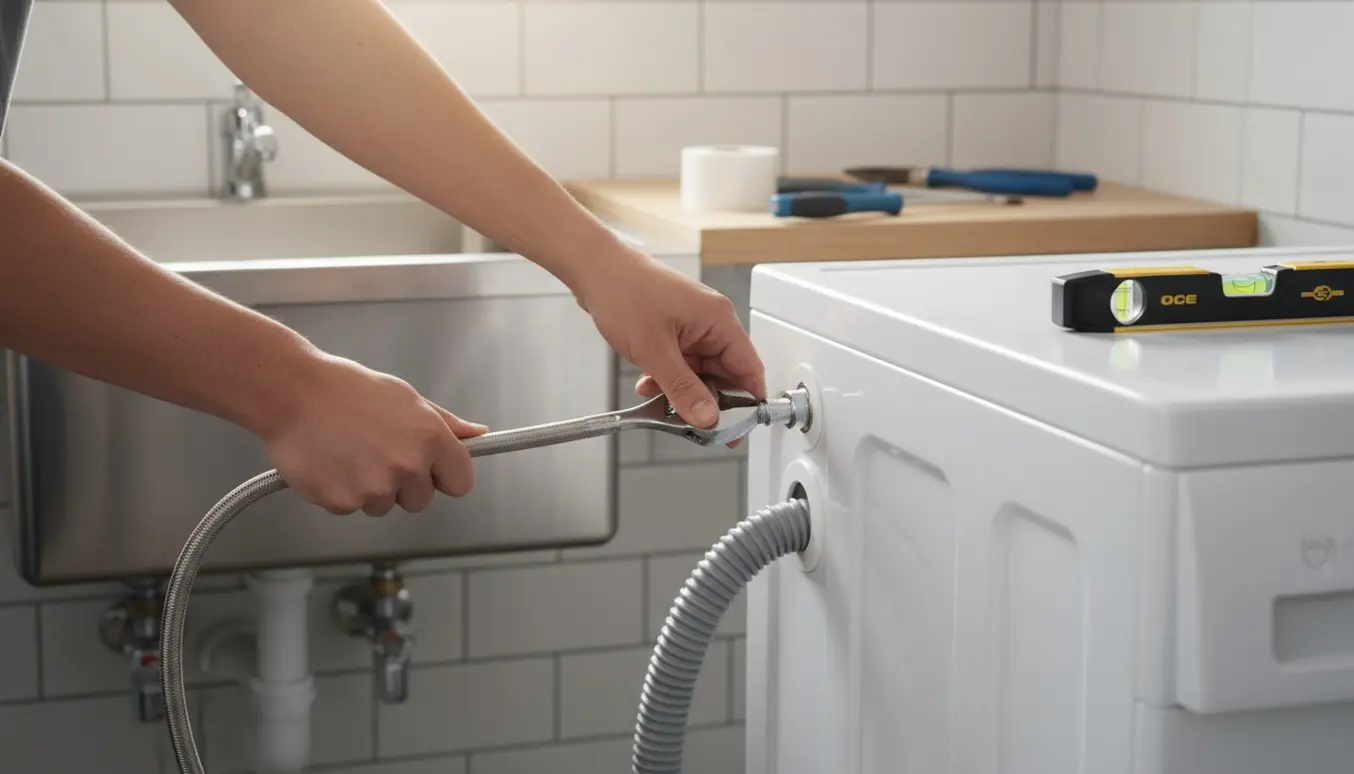Hænder tilslutter vand- og afløbsslanger til en vaskemaskine i et lyst, moderne vaskerum.