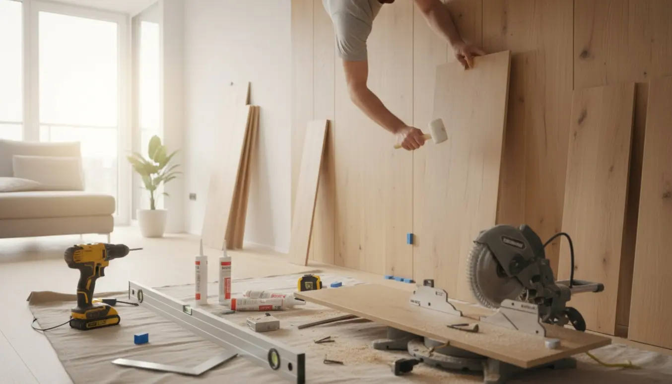 Opsætning af lyse trævægspaneler i en lejlighed med hænder, værktøj og materialer i forgrunden.