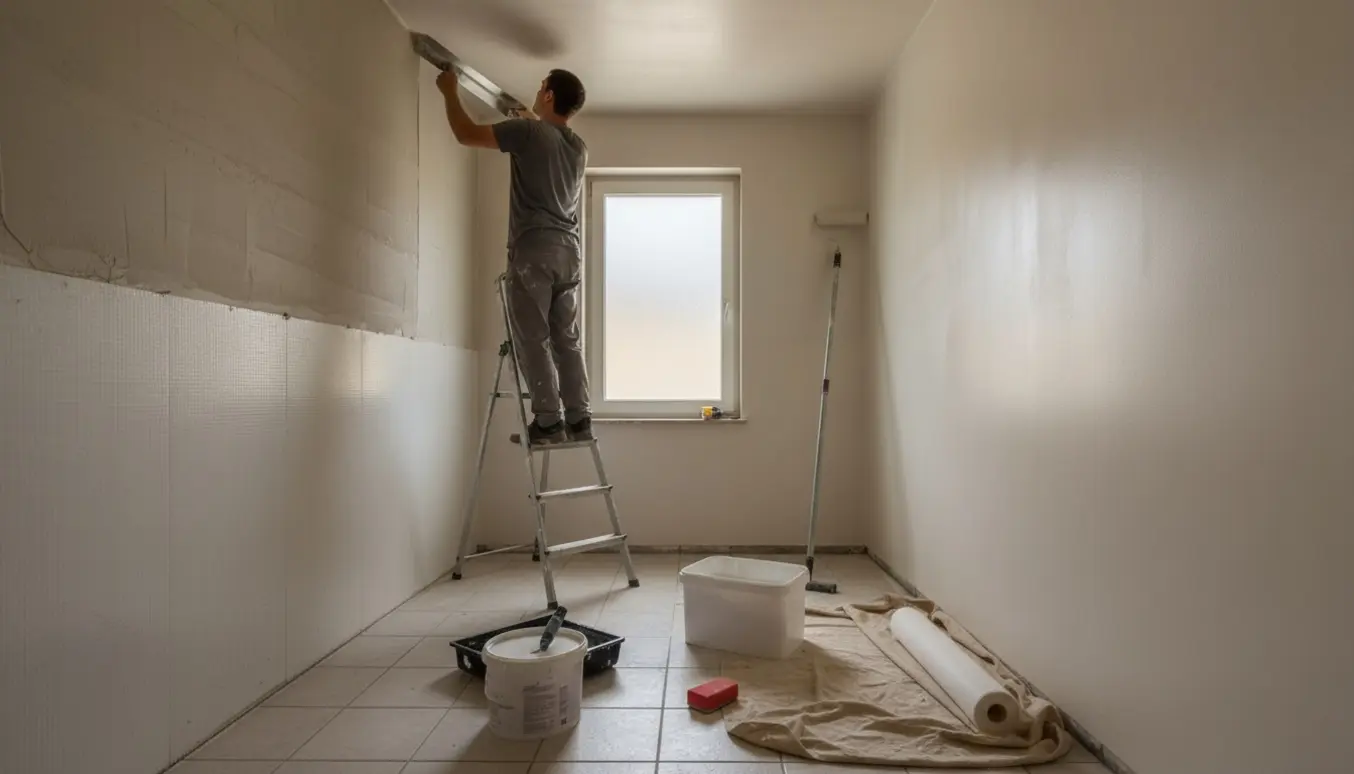 Håndværker spartler og maler vægge og loft i et lille badeværelse med værktøj i forgrunden.