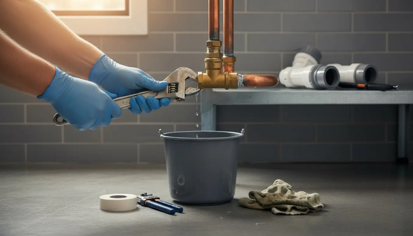 Nærbillede af handskerede hænder, der afmonterer en messing bypass-ventil fra en vandinstallation i et bryggers.