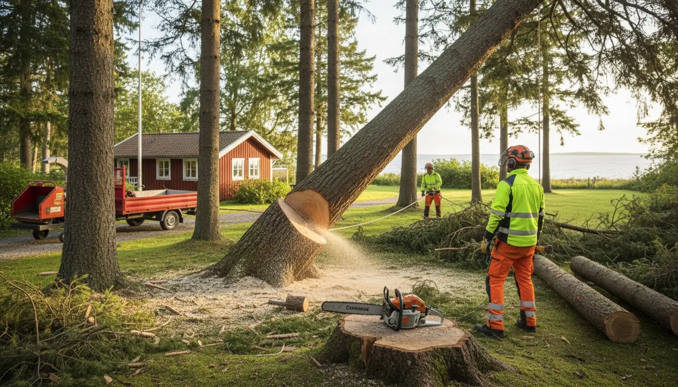 Stort fyr træ er ved at blive fældet tæt ved et sommerhus, med savsmuld i luften og grene på græsset.