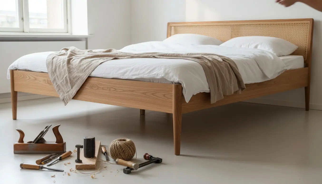 Nybygget enkelt sengestel i massivt træ med kegleformede ben og en gavl med fransk flet i et lyst, nordisk soveværelse.