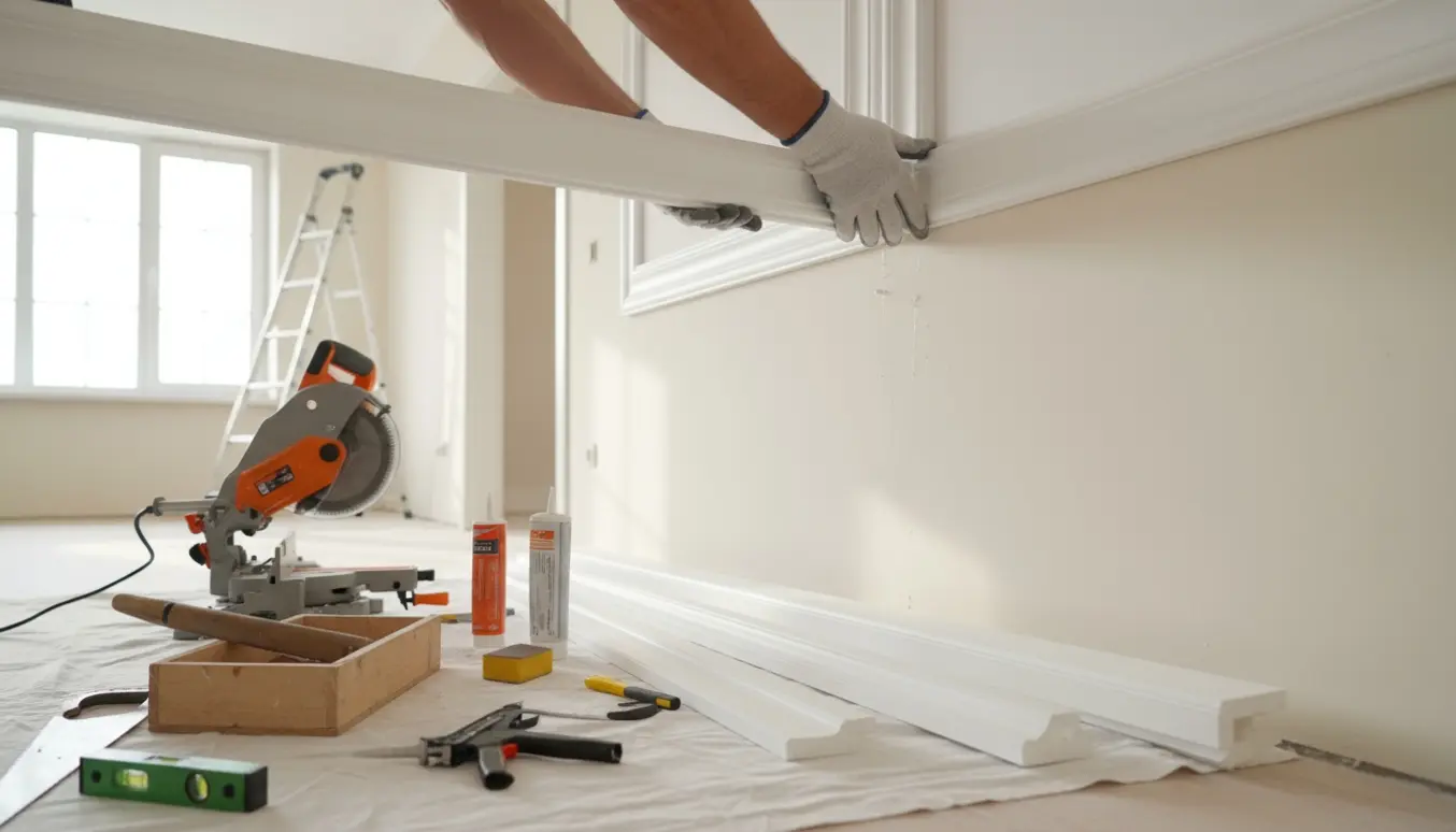 Hænder monterer polyurethan-stuk i et lyst rum med sav, skærekasse og fugepistol.