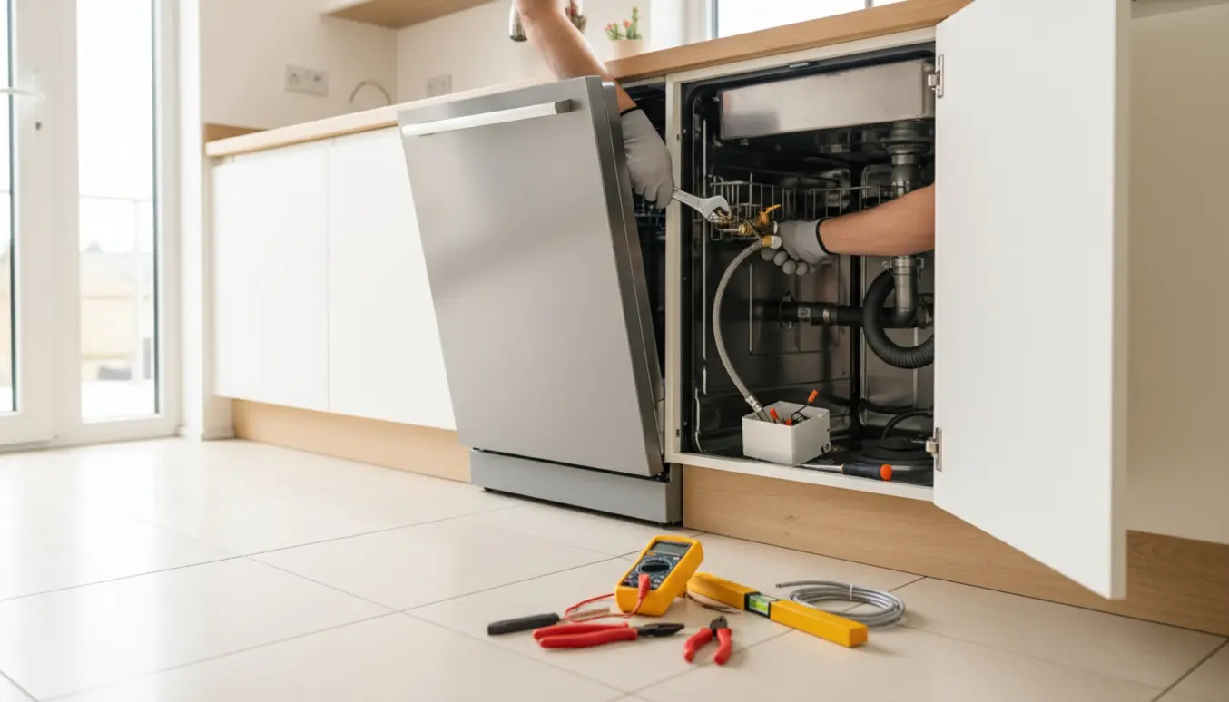 Nærbillede af installation af opvaskemaskine under køkkenbord med værktøj, slanger og elektriske tilslutninger.