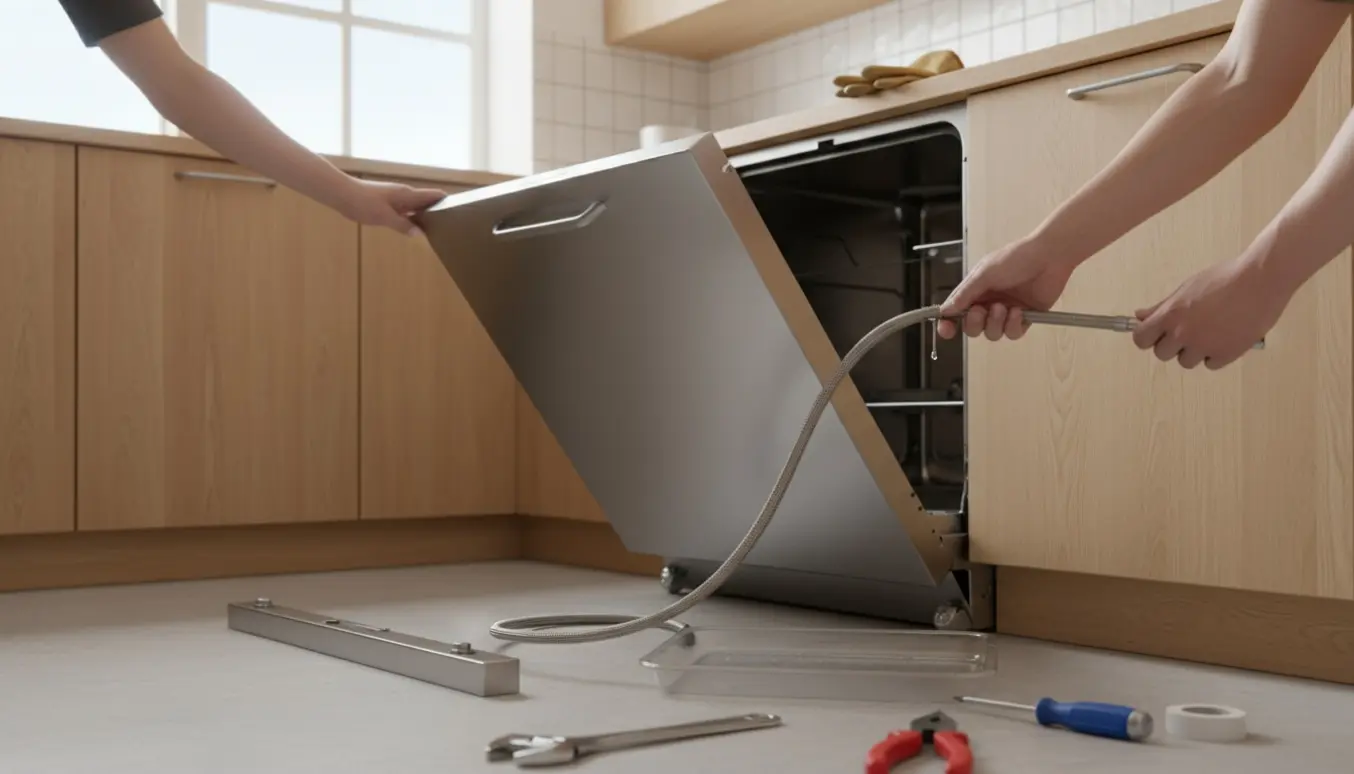 Delvist trukket opvaskemaskine under køkkenbord med løs vandtilslutning og værktøj klar.