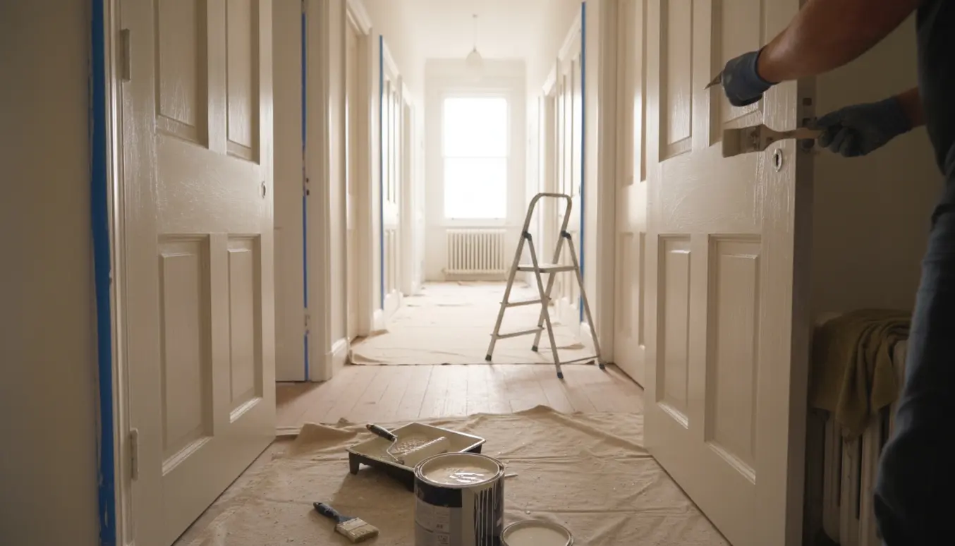 Entré med flere døre på begge sider, hvor en maler i gang med at male en dør og karm.