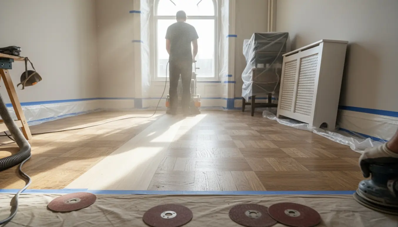 Person sliber trægulv med gulvsliber, synlig kontrast mellem slebet og uslebet træ i et lyst rum.