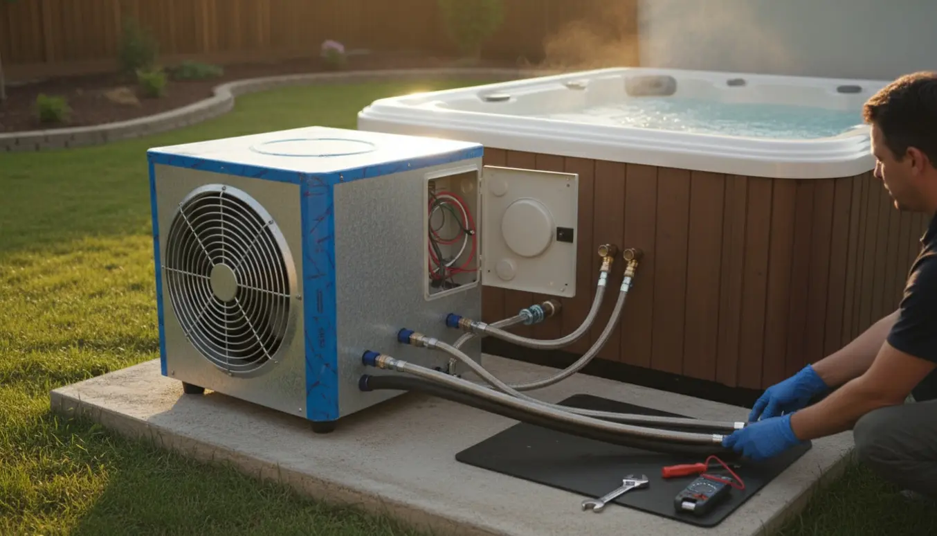 Hænder tilslutter en luft‑til‑vand varmepumpe til et udendørs spabad med kobberrør og isolering.