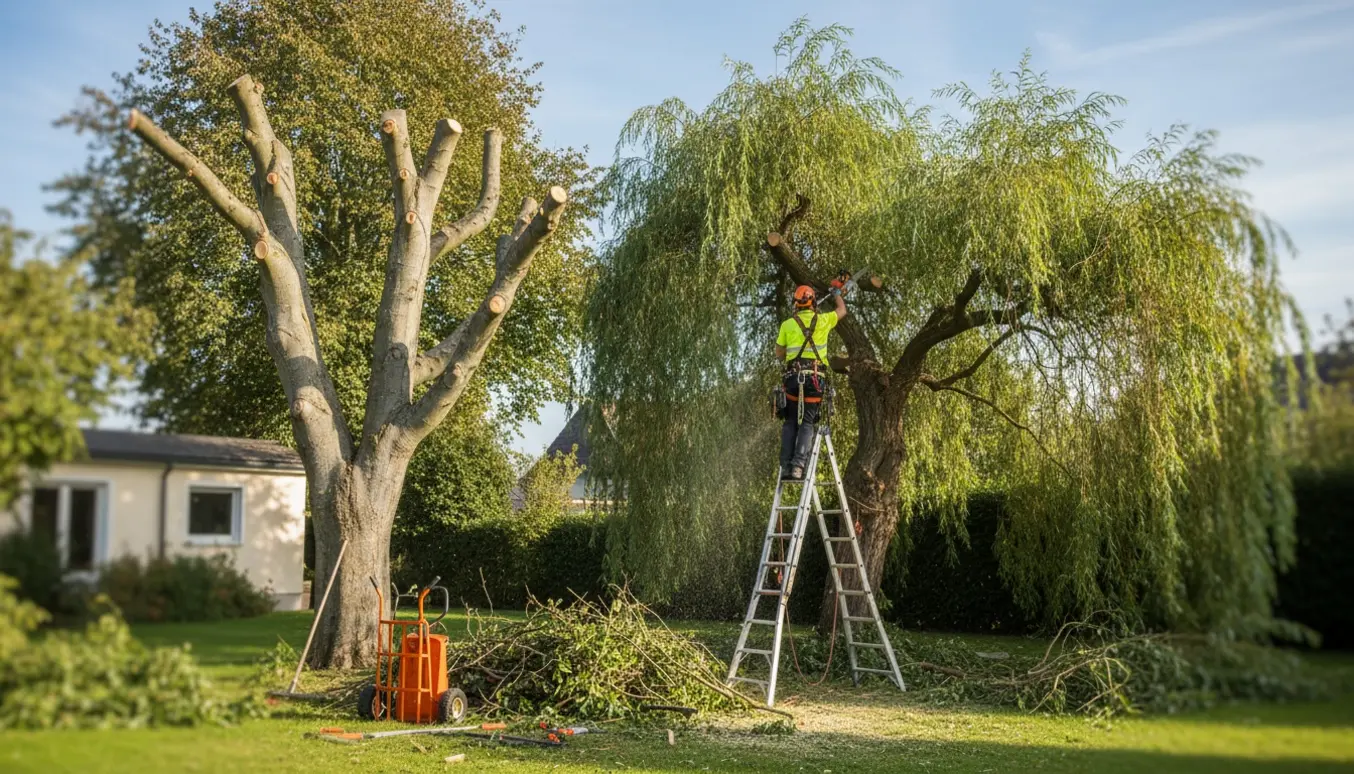 En håndværker set bagfra beskærer en bøge- og en pil i en have med saver og afskårne grene på jorden.