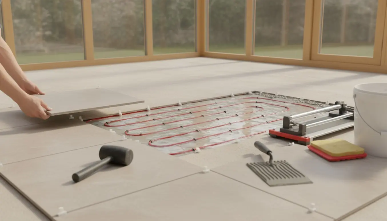 Hænder lægger fliser i en lys udestue med synlige gulvvarmekabler og værktøj.