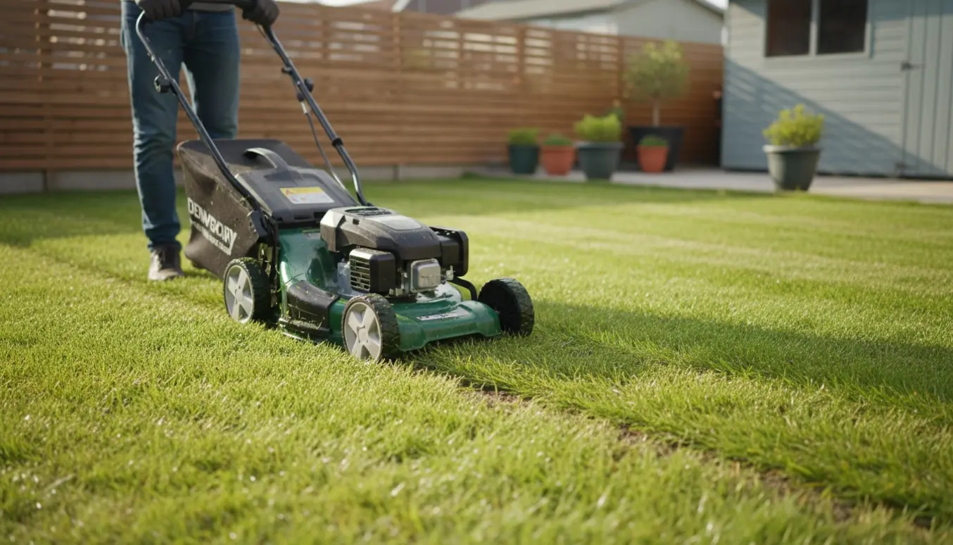 Elgræsslåmaskine slår en lille haveplæne med tydelig overgang mellem nyslået og uafklippet græs.