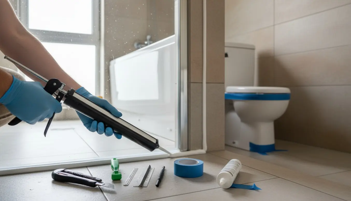 Hænder i handsker udskifter fuger i brusekabinen med nye silikonefuger ved badekar og toilet.