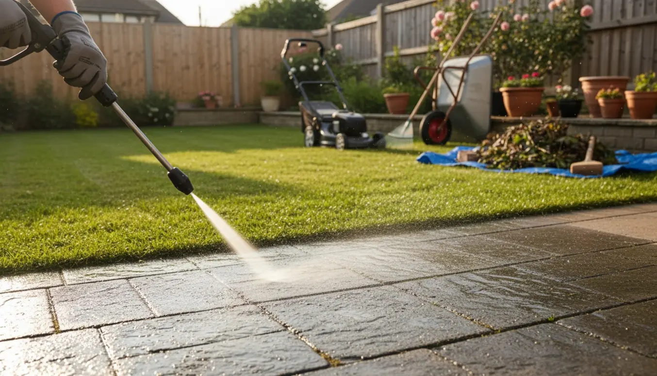 Højtryksrensning af fliser i en forhave med nyslået græs, rive og en bunke blade i baggrunden.