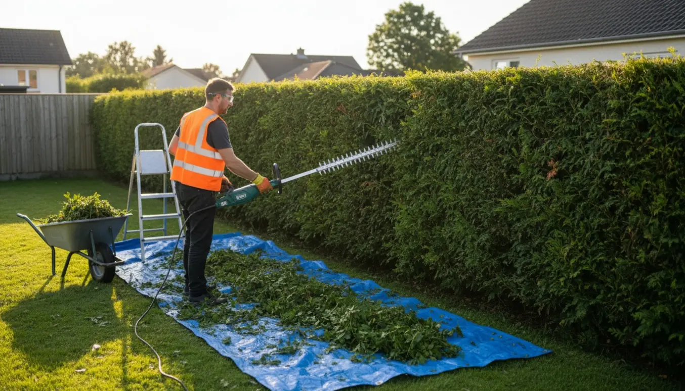 En gartner topper en lang hæk og fjerner cirka 35 cm fra toppen, med klip på presenning og trillebør i forgrunden.