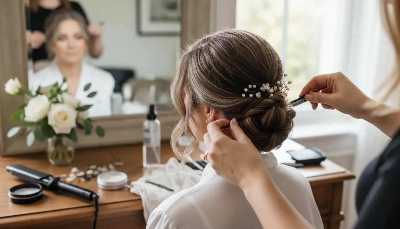 Stylist sætter mors hår i en elegant knold til konfirmation foran et spejl.