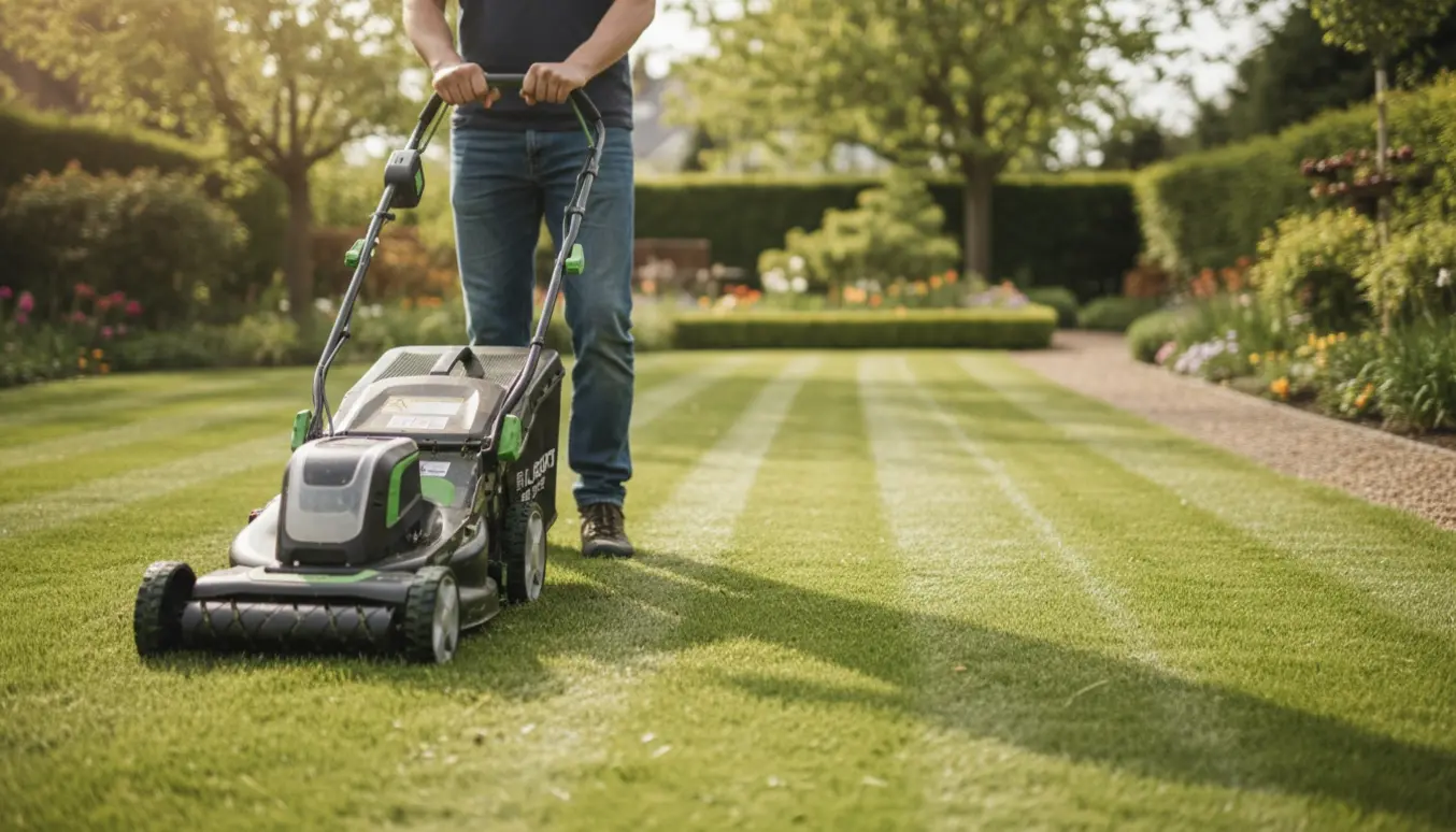 En person slår græs på en stor, velholdt have med en moderne plæneklipper, kun hænder og underkrop synlig.