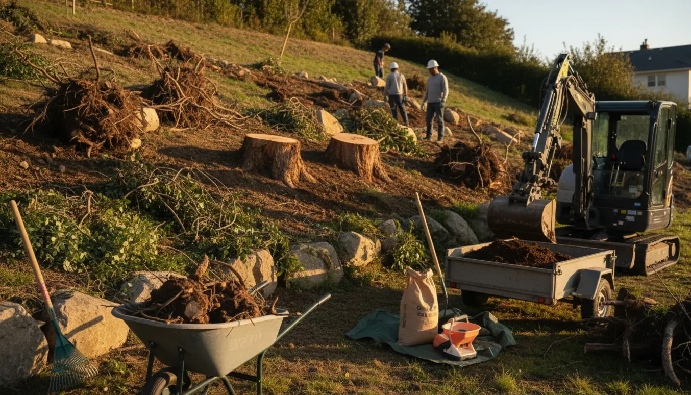 Skråning ryddes med fældede træstammer, bunker af rødder og sten, trillebør og trailer klar til affald.
