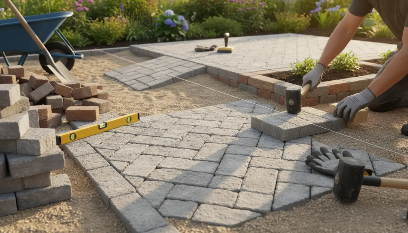 Hænder lægger herregårdssten til en terrasse med lav støttemur, højbed af multikant og en lille rampe.