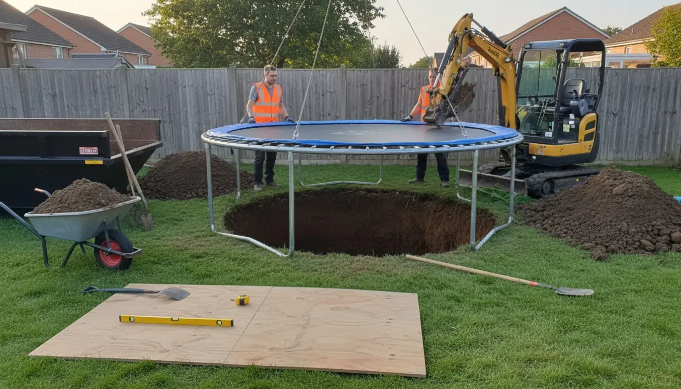 Baghave med minigraver ved et rundt hul til nedgravet trampolin, jordbunker og værktøj på plads.