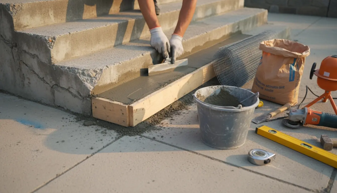 Udendørs betontrappe under reparation hvor en hånd glatter nyt mørtel, med armeringsnet og forskalling i baggrunden.