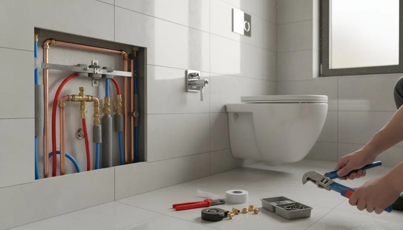 Håndværker arbejder på nye vandrør i en åben væg ved siden af toilet og vask i et badeværelse.