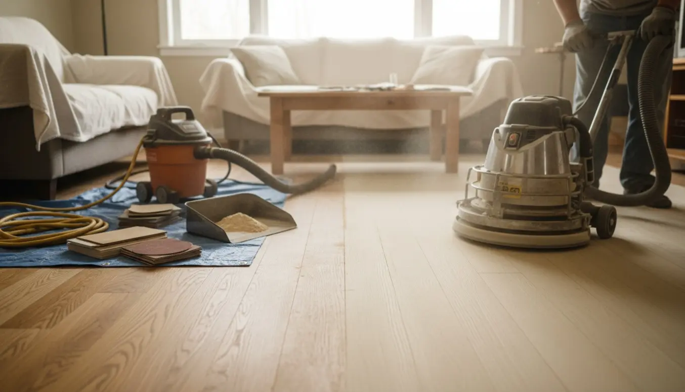 En gulvsliber i en lys stue, hvor et trægulv er delvist slebet og fint støv svæver i sollyset.