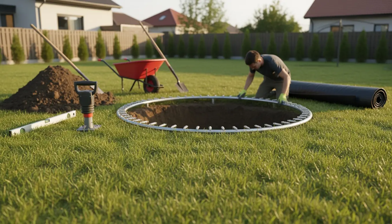 Delvist nedgravet trampolin i baghave med jordbunke og værktøj, klar til installation.